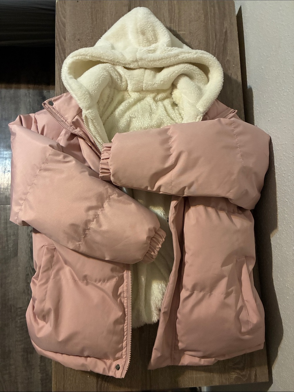 Kids Pink Hooded Puffer Jacket with Cream Sherpa Lining